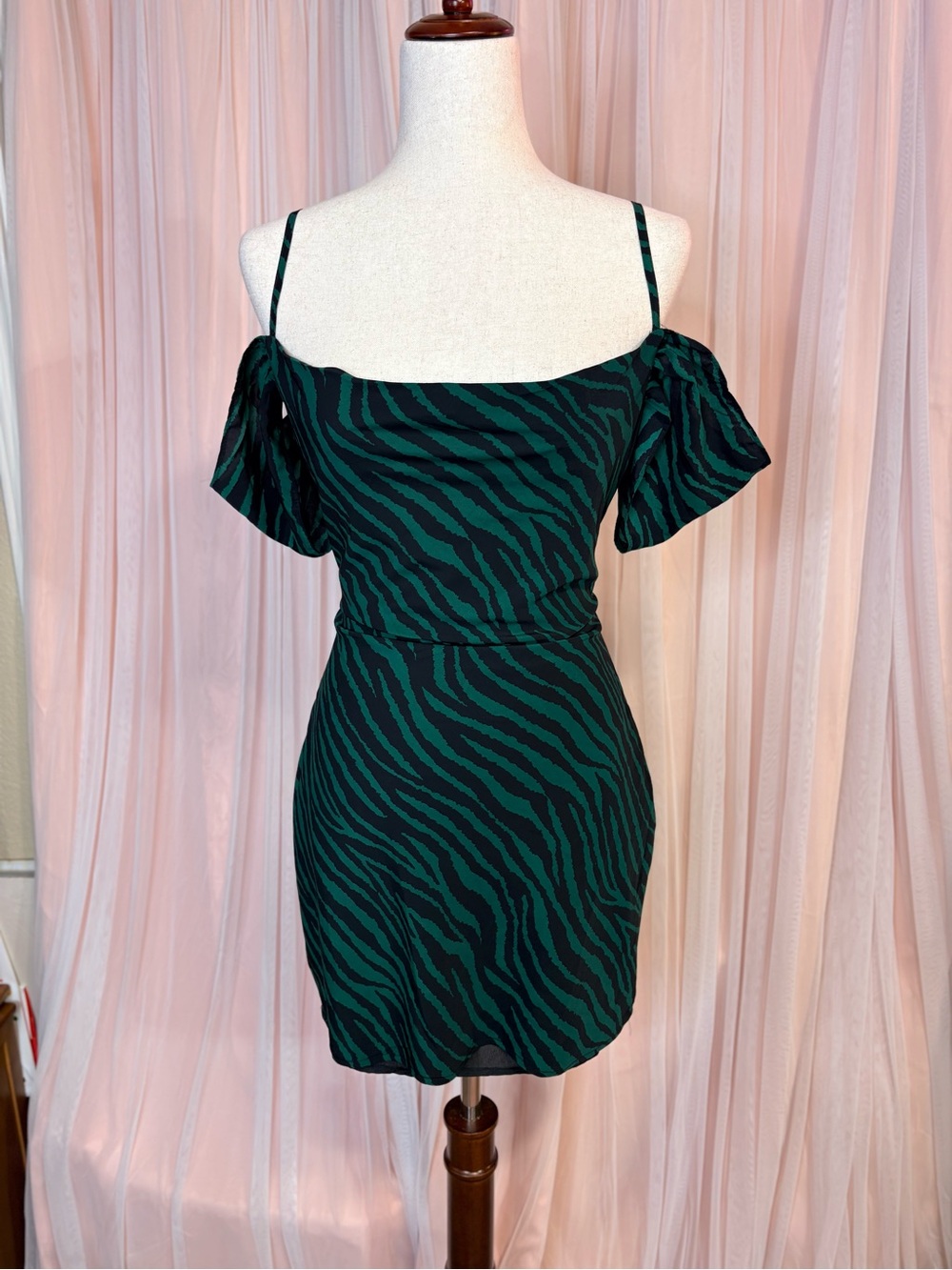 Off-Shoulder Green Zebra Print Mini Dress